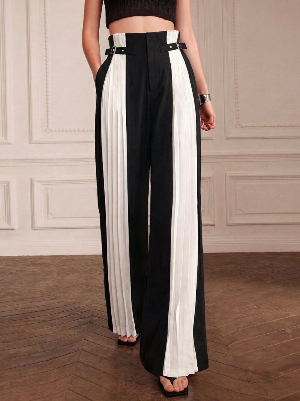 Black Elegant Women's Contrast Pleated Loose Flowy Wide Leg Pants With Belt
